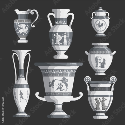 Set of antique Greek white amphoras, vases with patterns, decorations and life scenes. Ancient decorative pots isolated, old clay jugs, ceramic pottery. Vector illustration