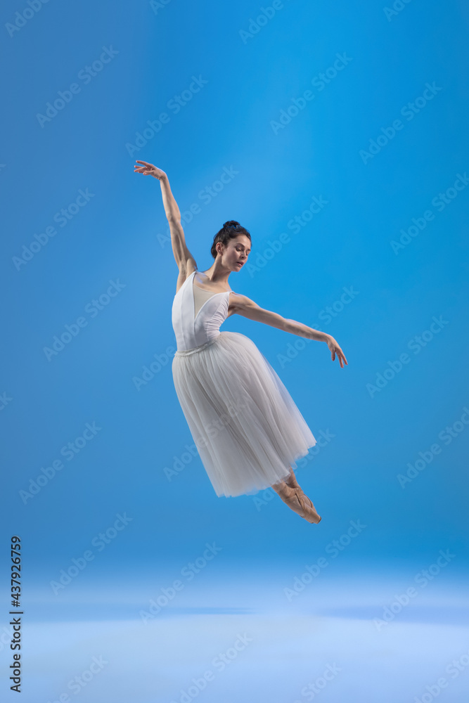 Young and graceful ballet dancer isolated on blue studio background. Art, motion, action, flexibility, inspiration concept. Young and graceful ballet dancer isolated on blue studio background. Art, motion, action, flexibility, inspiration concept.