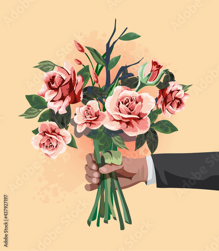 Bouquet in businessman hand isolated on white. Man holding and giving vector gift flowers big beautiful roses with thorns
