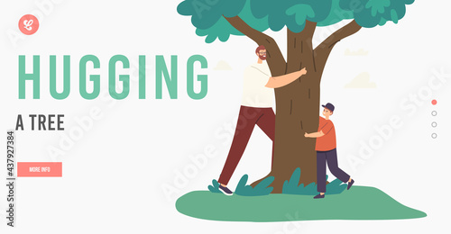 Happy Father and Son Hugging Tree Landing Page Template. Family Characters Playing Hide and Seek and Run around