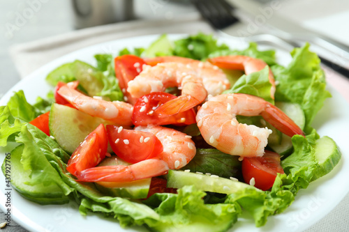 Shrimp salad with different ingredients, close up