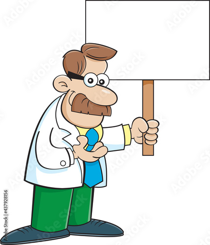 Cartoon man with a moustache wearing a lab coat and holding a large sign.