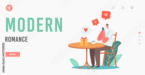 Modern Romance Dating Landing Page Template. Online Date, Male Character Chat via Smartphone Application in Internet