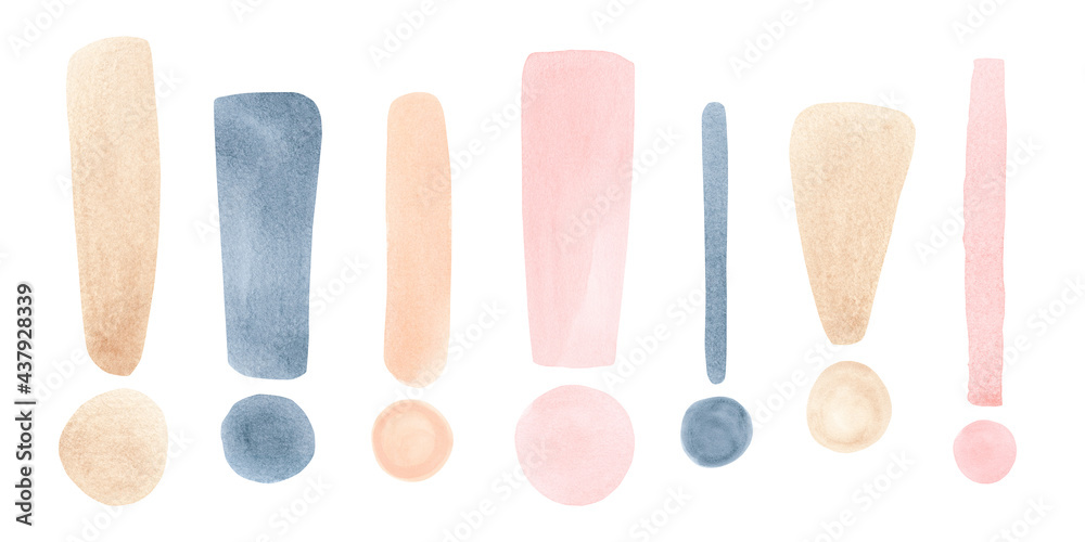 Set of hand drawn  watercolor colorful or neutral tone sketch exclamation marks isolated on white background.