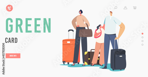 Green Card Landing Page Template. Tourists Family Characters with Child Holding Suit Cases Traveling Abroad on Vacation