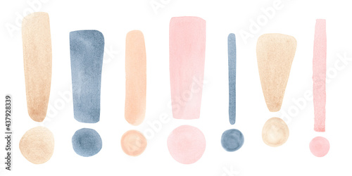 Set of hand drawn watercolor colorful or neutral tone sketch exclamation marks isolated on white background.