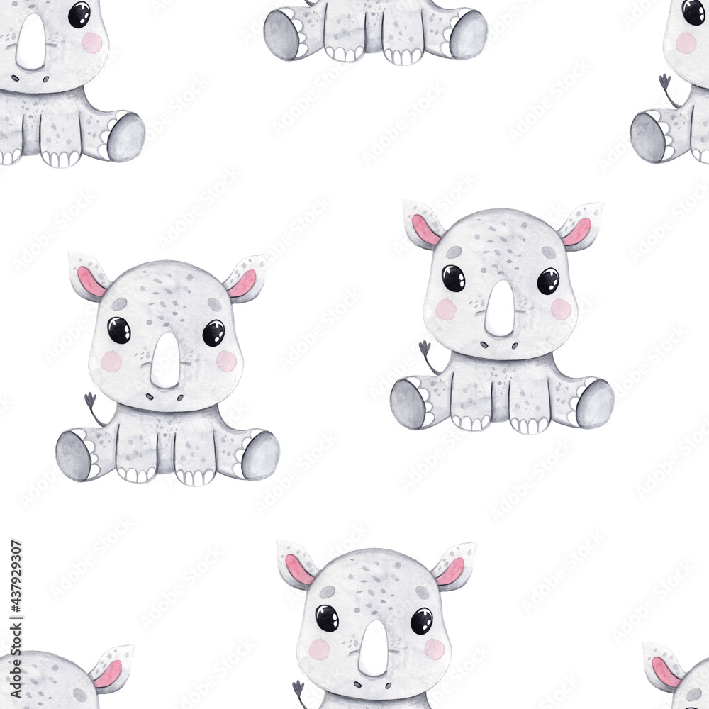 Watercolor hand-drawn color seamless childish simple pattern for kids with cute baby rhinoceros in Scandinavian style on a white background. Baby rhino texture. Fabric design. Wallpaper.