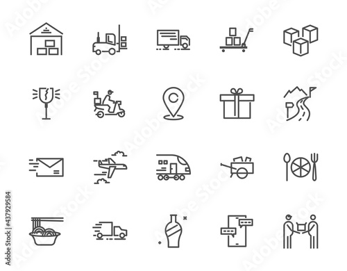 Thin line icon set of delivery food