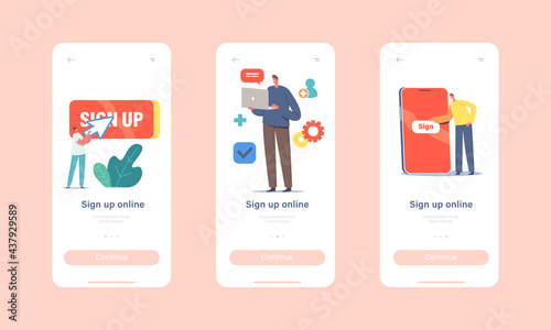 New User Online Registration and Sign Up Mobile App Page Onboard Screen Template. Tiny Characters Signing Up