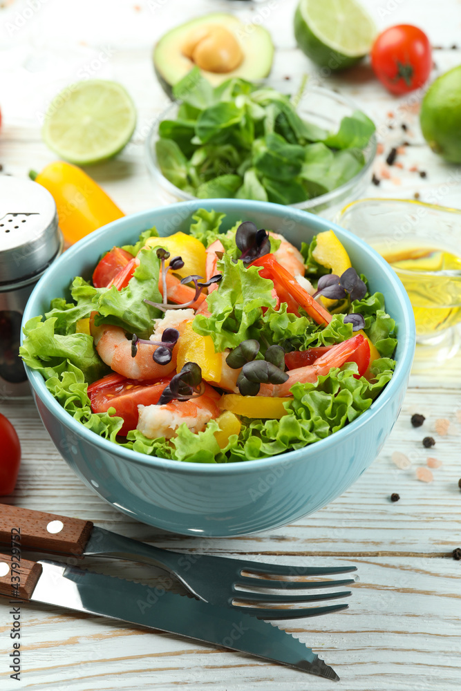 Concept of tasty eating with shrimp salad, close up Concept of tasty eating with shrimp salad, close up