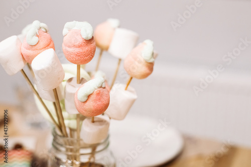 Sweets, vanilla marshmallows and lollipops on sticks for festive dining. Party catering, advertising of confectionery