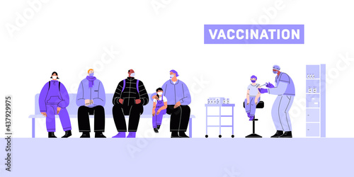 Vaccination room. The doctor vaccinating the boy. People sitting in line waiting for their turn.