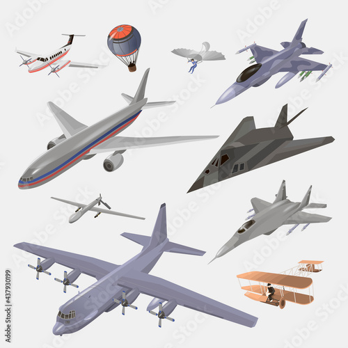 Military and passenger aircraft set. Fighter jet, Balloon, hang glider, old model, private jet, F-117 Nighthawk, interceptor, cargo airplane, spy drone vector illustrations set isolated