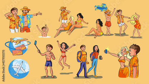 Collection with recreation and resort party scenes. Man and woman on beach. Summer holiday, peoples playing water and swim. Couple travel tourist, take a selfie. Vacation season utter vector set