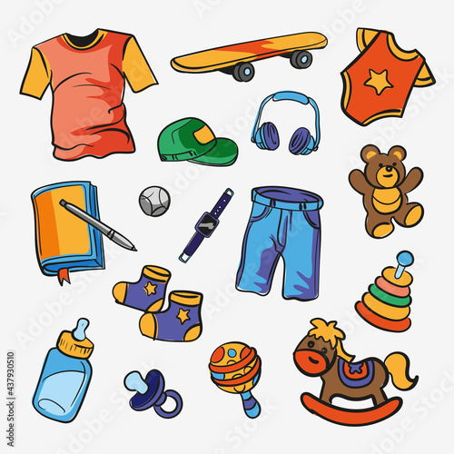 Set of children s and teenage things, clothes and toys. Hand drawn vector illustration. Funny illustration for backgrounds, web design, design elements, textile prints, covers, greeting cards