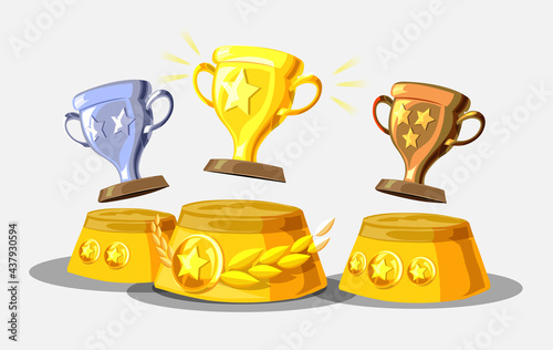 Winners podium with cups. Prizes for the Champions. Gold, silver and bronze cups. Vector illustration in flat style for poster, web banner or greeting card