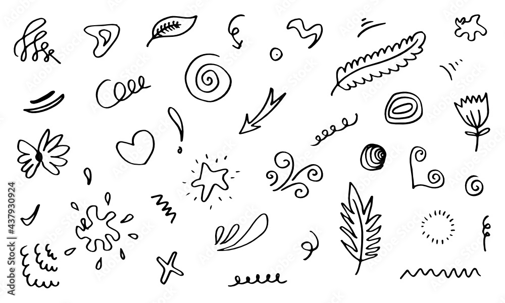 Obraz premium Hand drawn set elements, black on white background. Arrow, heart, love, star, leaf, sun, light, flower, crown, king, queen,Swishes, swoops, emphasis ,swirl, heart, for concept design.