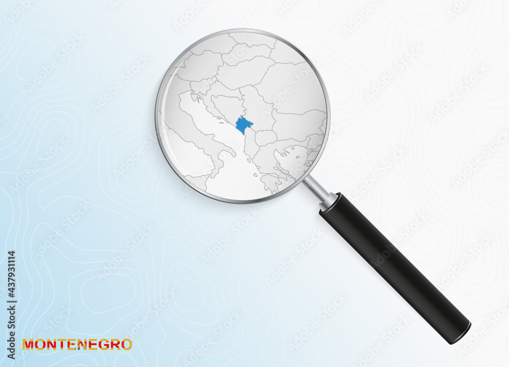 Magnifier with map of Montenegro on abstract topographic background. Magnifier with map of Montenegro on abstract topographic background.