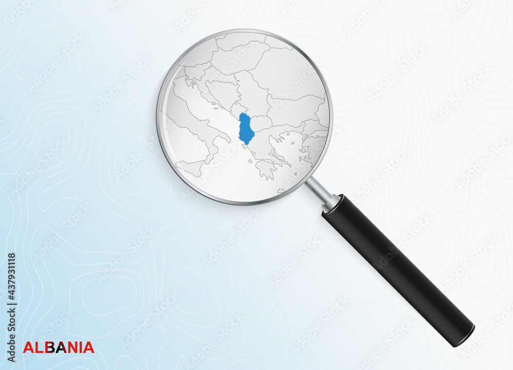 Magnifier with map of Albania on abstract topographic background. Magnifier with map of Albania on abstract topographic background.