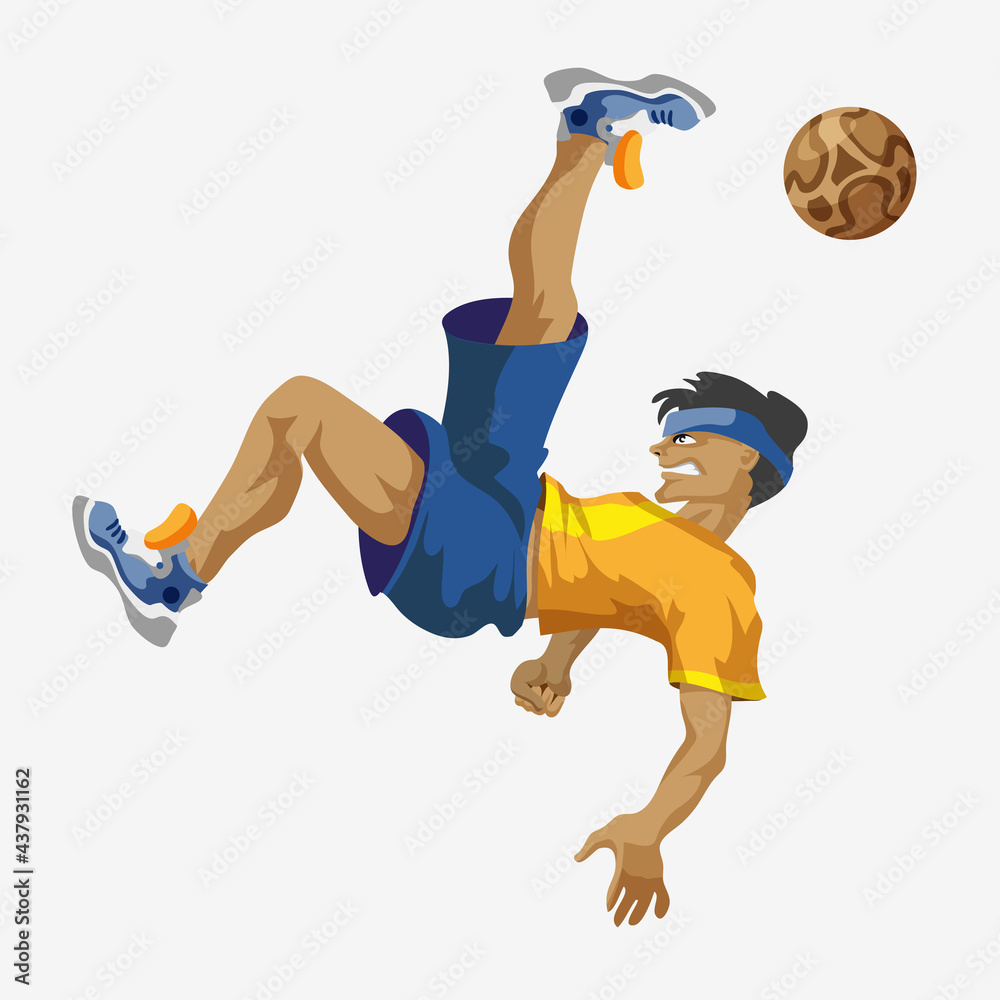 A football player, in a blue sports shirt, kicks a soccer ball. Sport Infographic events. Vector illustration in cartoon style, isolated flat anime style A football player, in a blue sports shirt, kicks a soccer ball. Sport Infographic events. Vector illustration in cartoon style, isolated flat anime style