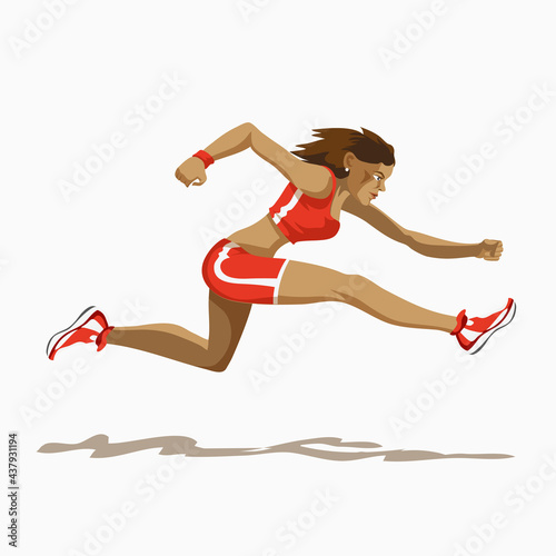 Running hurdles or sprinter Isolated on white running woman vector illustration. Jogging design element. Athletic lifestyle in flat cartoon style