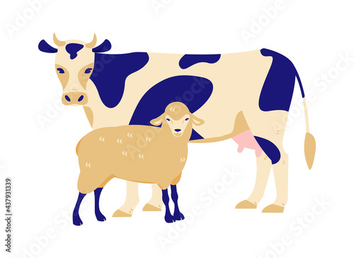 Cow and sheep . Vector illustration in flat cartoon style. Isolated on a white background.