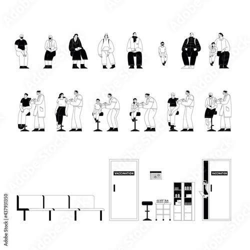 Collection of covid vaccination related objects and illustrations. Doctors nurses patients and hospital interior. Sketchy monochrome illustrations