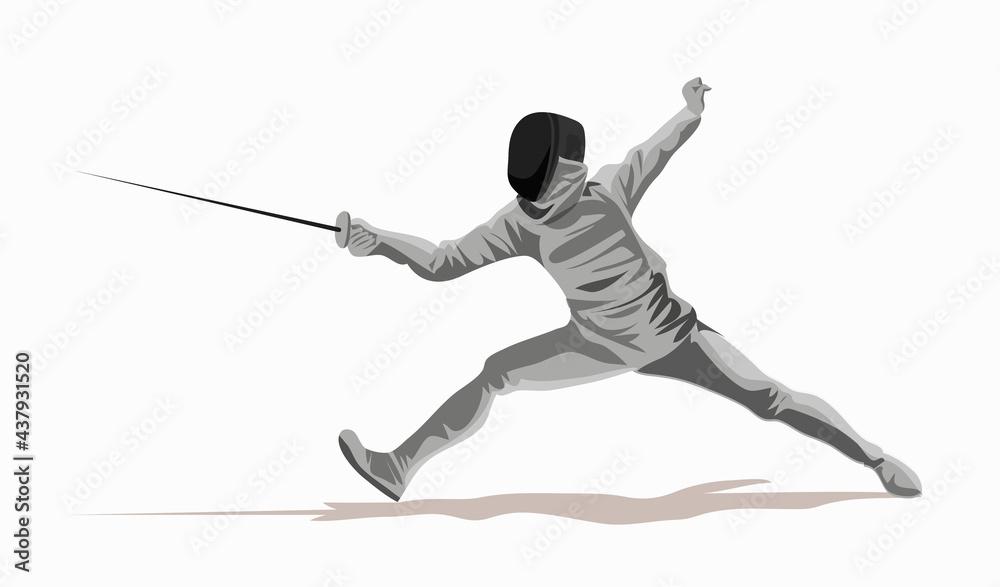 Fencer. Man wearing fencing suit practicing with sword. Sports arena and lense-flares. Sport Infographic Shot Put Athletics events. White background. Drawn in a flat style Fencer. Man wearing fencing suit practicing with sword. Sports arena and lense-flares. Sport Infographic Shot Put Athletics events. White background. Drawn in a flat style