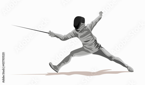 Fencer. Man wearing fencing suit practicing with sword. Sports arena and lense-flares. Sport Infographic Shot Put Athletics events. White background. Drawn in a flat style