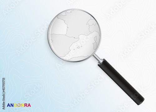 Magnifier with map of Andorra on abstract topographic background.