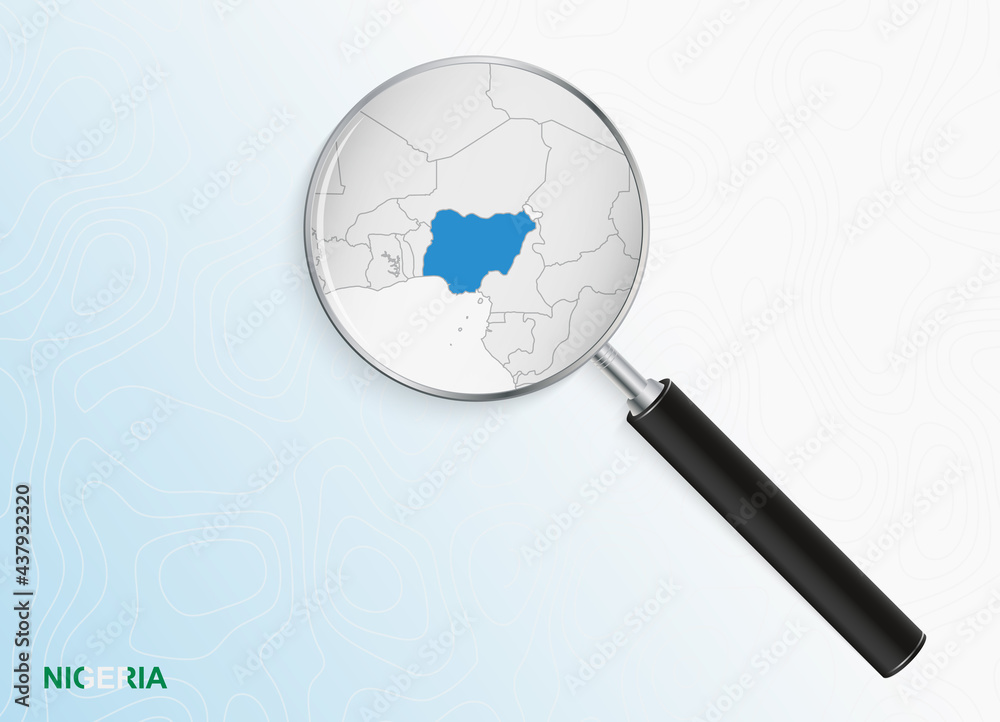 Magnifier with map of Nigeria on abstract topographic background.