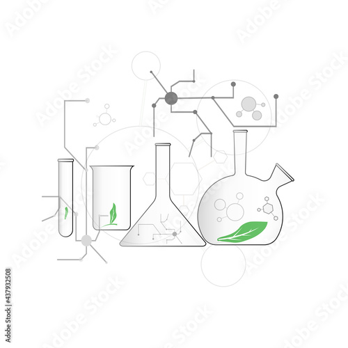 The concept of studying ecology in laboratory chemical flasks. Biotechnological scientific background. Green leaf symbol.
