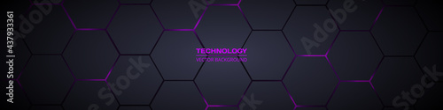 Dark gray and purple horizontal hexagonal technology abstract vector background. Purple bright energy flashes under hexagon in futuristic modern technology wide banner. Dark gray honeycomb texture.