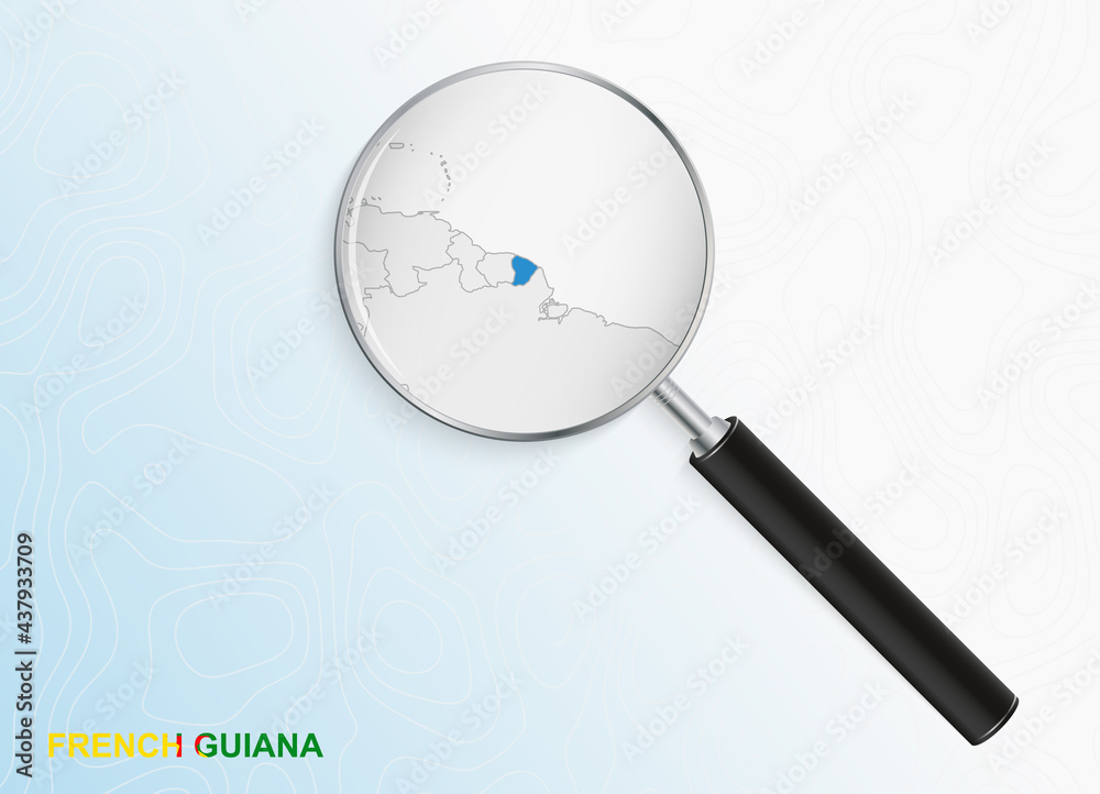 Magnifier with map of French Guiana on abstract topographic background. Magnifier with map of French Guiana on abstract topographic background.