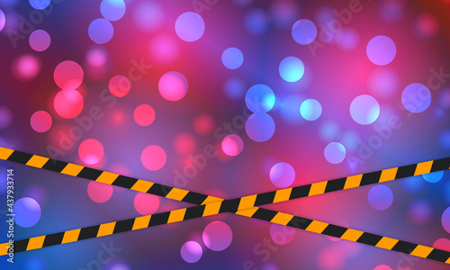 Police flashing light flares bokeh background with police line. Emergency lights flash red and blue glowing flares on night bokeh background.