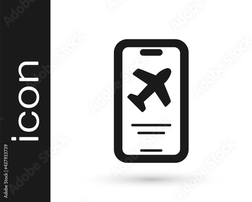 Black Smartphone with electronic boarding pass airline ticket icon isolated on white background. Passenger plane mobile ticket for web and app. Vector