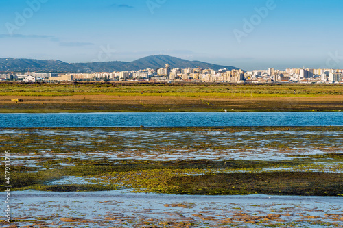 City of Faro seen from Faro Beach Peninsula with wetlands of Ria Formosa in the foreground, Algarve, Portugal