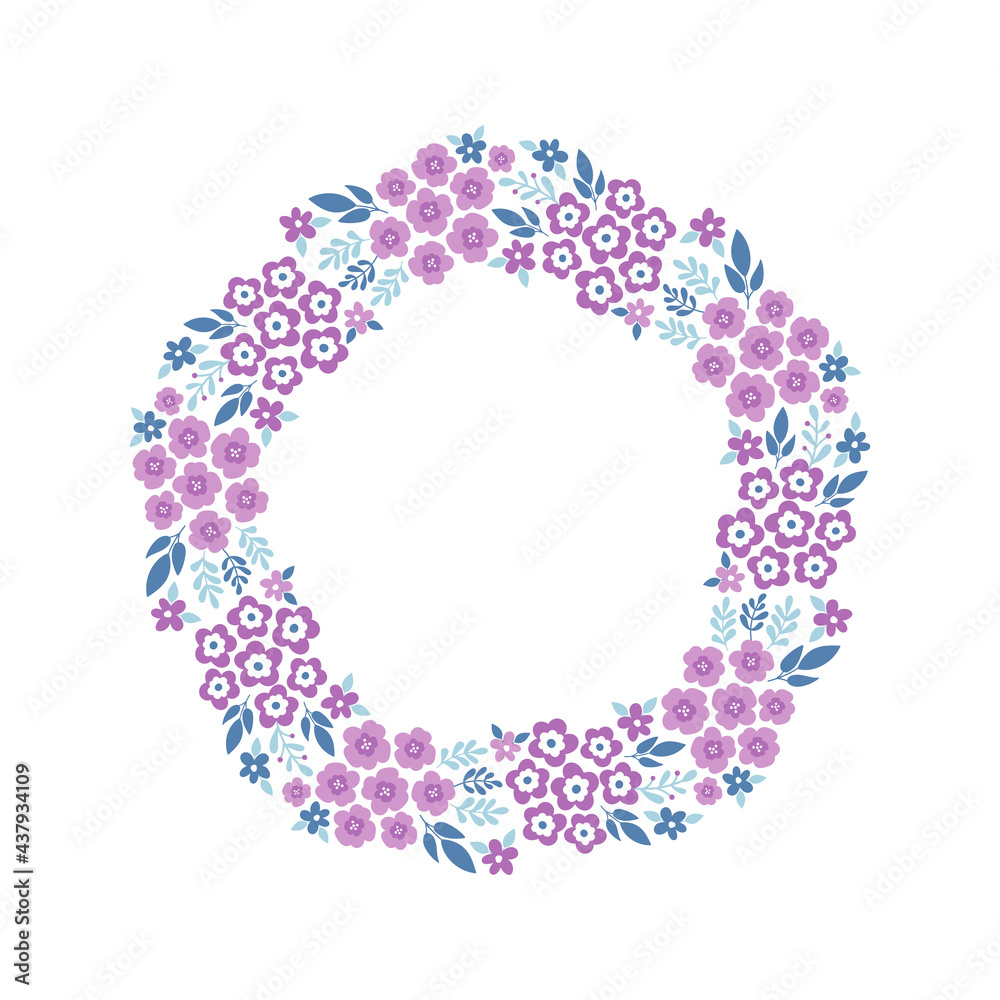 Hand-drawn wreath with white background. Wreath with pink and dark blue. Cute and childish design for fabric, textile, wallpaper, bedding, swaddles or gender-neutral apparel.