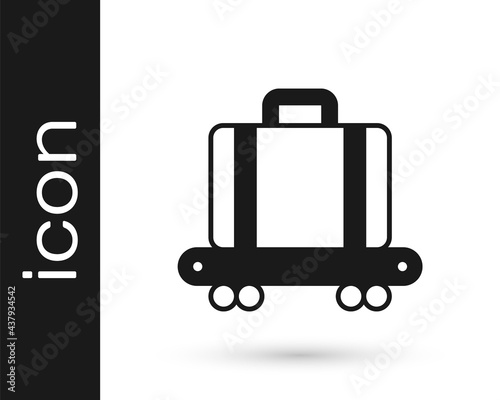 Black Airport conveyor belt with passenger luggage, suitcase, bag, baggage icon isolated on white background. Vector