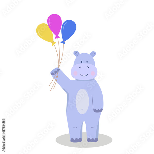 Cute cartoon hippo character with colorful balloons in his hands. Vector illustration isolated on white. Concept birthday party  a holiday for children.