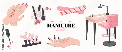 Various manicure accessories, equipment, tools isolated on white background. Hand drawn colored vector set