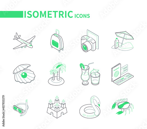 Beach vacation and traveling - line isometric icons set