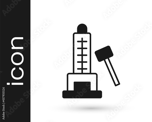 Black High striker attraction with big hammer icon isolated on white background. Attraction for measuring strength. Amusement park. Vector