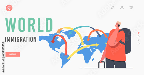 World Immigration Landing Page Template. Tourist Male Character stand with Suit Case at World Map. Traveling Abroad