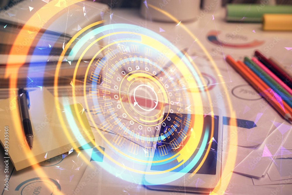 Double exposure of tech theme sketch over cell phone background. Concept of technology