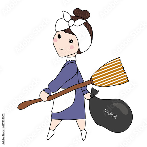 The maid carries a broom and a garbage bag. Cleaning services and staff.