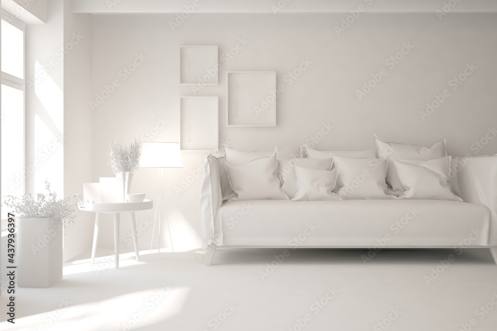 White minimalist living room with sofa. Scandinavian interior design. 3D illustration White minimalist living room with sofa. Scandinavian interior design. 3D illustration