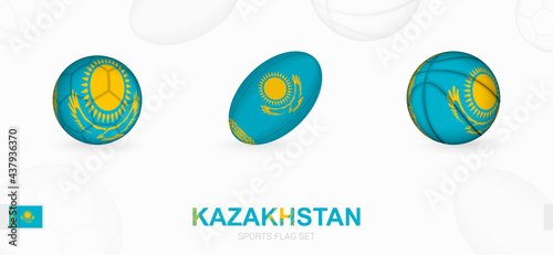 Sports icons for football, rugby and basketball with the flag of Kazakhstan.