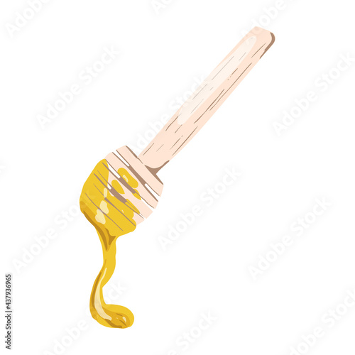 Honey Dipper with flowing honey. Wooden traditional spoon for honey. Vector hand drawn illustration