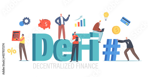 DeFi, Decentralized Finance. Tiny Businesspeople Characters with Huge Calculator, Hashtag, Piggy Bank and Cryptocurrency